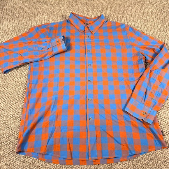 Oakley Button Down Shirt Medium Orange Blue Gingham Check Long Sleeve Casual - Picture 3 of 9